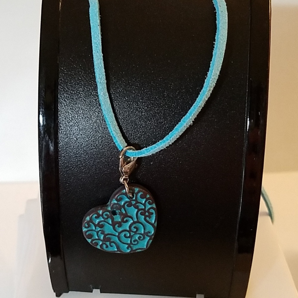 Vegan Suede Necklace 18" Brown & Blue Heart